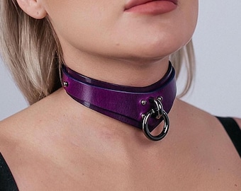 Dark Purple Leather Slim Collar with Chain Leash, Handmade Choker