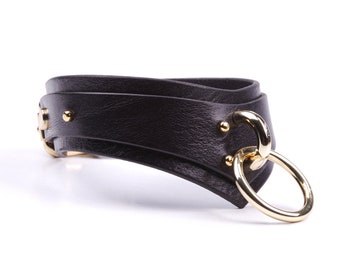 Handmade Custom Black Leather Collar with Chain Leash, Sub collar, Day choker, Submissive choker