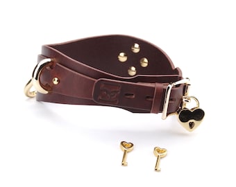 Locking collar, leather choker with locking buckle, slave collar with heart padlock and keys, Heart lock collar