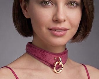 Magenta Red Leather Handmade Slim Day Collar, Discreet collar choker with o-ring