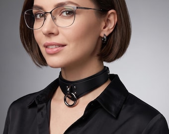Black Leather Slim Collar, Discreet Day Collar with small o-ring
