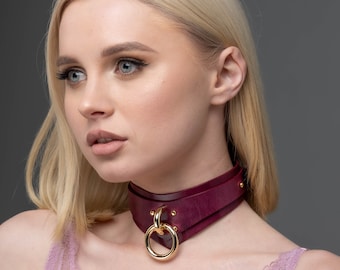 Bordo Leather Handmade Collar with Chain Leash for women, collar choker, day collar