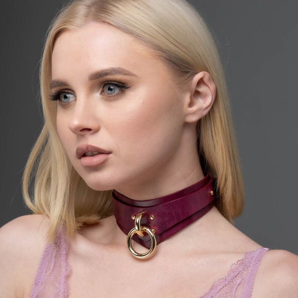 Bordo Leather Handmade Collar with Chain Leash for women, collar choker, day collar