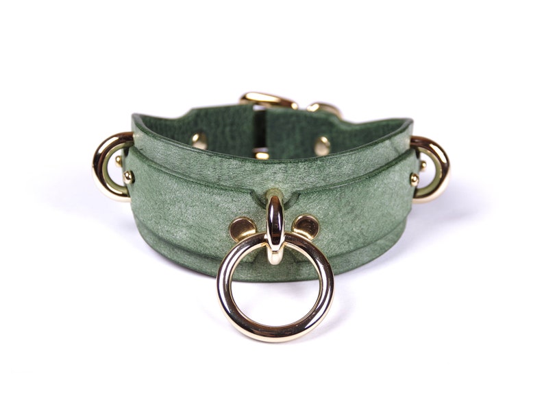May include: A green leather collar with gold-colored metal hardware. The collar features a large ring in the center and smaller rings on the sides. The collar is designed with a curved shape and is secured with a buckle.
