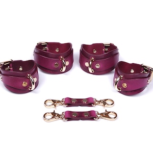 Peut inclure: Un ensemble de cinq entraves de poignet en cuir violet foncé avec des accessoires dorés. L'ensemble comprend quatre menottes et deux sangles de connexion, le tout sur fond blanc. Les menottes ont un design incurvé et se fixent avec des boucles.