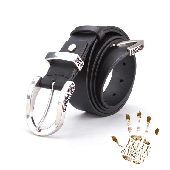 Black Leather Western Belt, Antique Silver Buckle, Custom  display picture 1