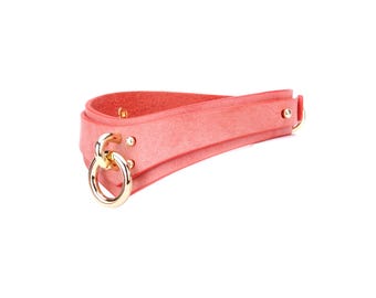 Coral Italian Leather Slim Collar Choker, Gold Hardware Day Collar