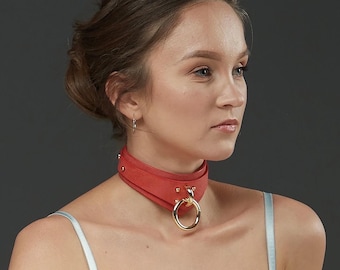 Coral Leather Handmade Collar with Chain Leash for women, collar choker, day collar