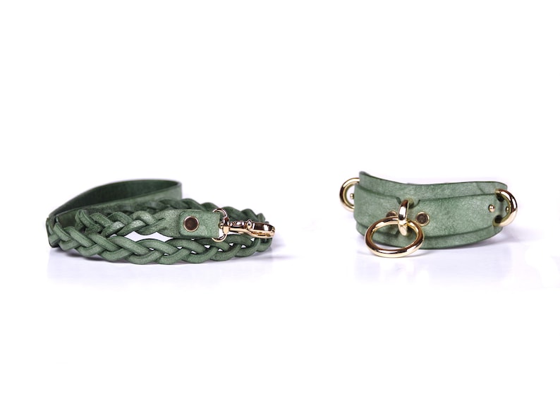 May include: A sage green leather dog leash with a braided design and a gold-colored clasp. Next to it is a matching dog collar with gold-colored metal rings and hardware. The collar and leash are on a white background.