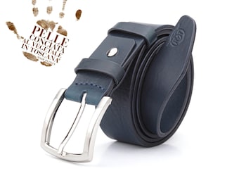 Denim blue leather belt, Italian vegetable tanned leather, French solid brass buckle, Jeans rustic belt with unique buckle