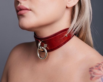 Red leather choker, Collar with Leash, Submissive collar