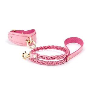 Pink Leather Choker, Sub Collar with Leash Set, Submissive collar