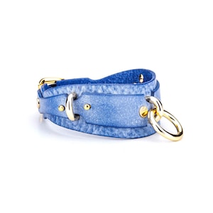 Blue Leather Choker, Collar with Leash, Submissive collar, Slave choker