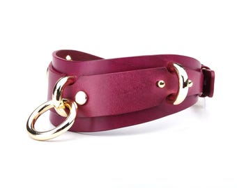 Handmade burgundy leather choker, Submissive collar and leash, BDSM collar, Leather necklace