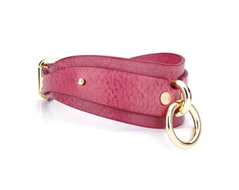Magenta Red Leather Choker with o-ring, Collar with Leash, Submissive collar