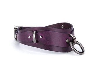 Bondage leather custom choker collar with O-ring, slave collar with additional sides D-rings for fixation