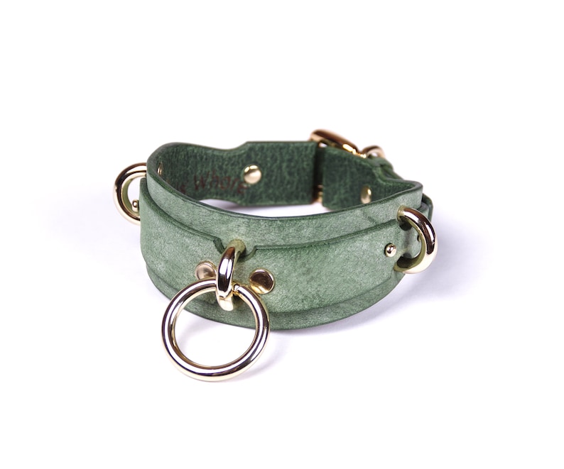 May include: A green leather collar with gold-colored metal hardware. The collar features a large central ring and smaller rings on the sides. The leather has a textured appearance.