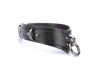 Black Leather Handmade Collar, Choker with Chain Leash for women, day collar