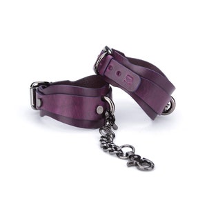 Kink and Bondage Purple Leather Handcuffs and Ankle cuffs, Restraint Cuffs, Submissive Cuffs, Leather Restraints harness for woman