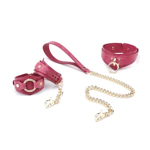 Handmade Red Magenta Leather Collar with Chain Leash and Handcuffs with Chain Connector, Sub Collar, Submissive choker and cuffs
