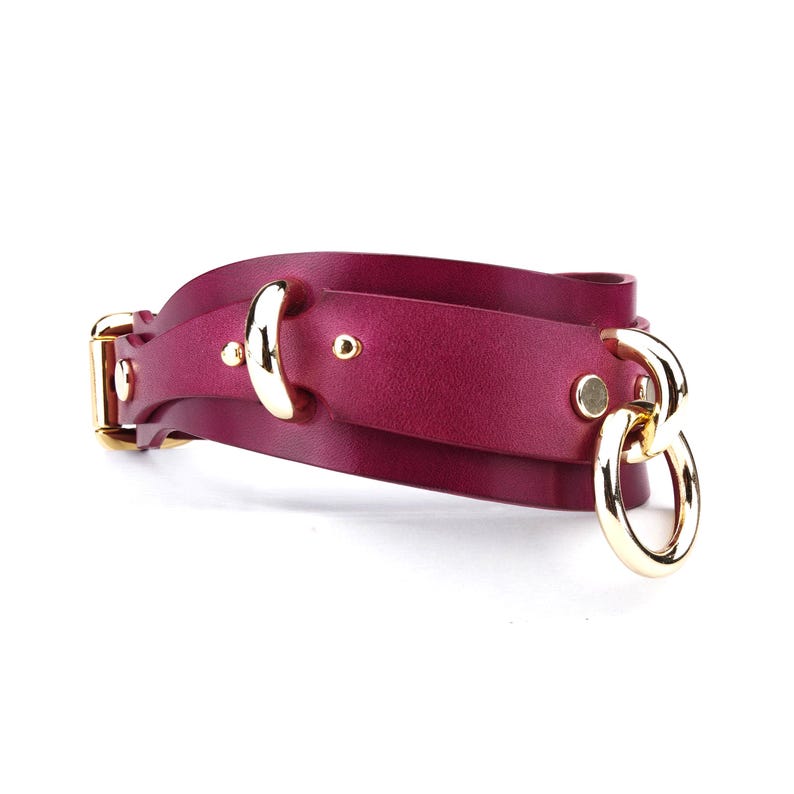 Burgundy Leather BDSM Collar with Gold Hardware, Silver or Dark nickel color hardware, Kink Toy image 2