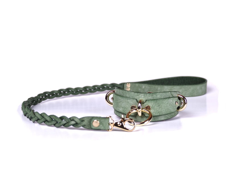 May include: A green leather dog collar and leash set. The collar has gold-colored hardware and a matching leash with a braided design. The set is made of a soft, suede-like material.