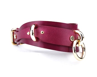 Burgundy Leather Collar with Gold Hardware, Handmade Day Choker