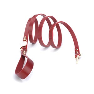 May include: A red leather leash with a gold-colored clasp and hardware. The leash is coiled and has a loop handle. A small heart-shaped charm is attached near the handle. The leash is designed for a pet.