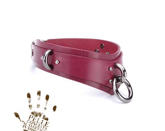 Burgundy Leather Handmade Collar, Choker with Chain Leash for women, day collar