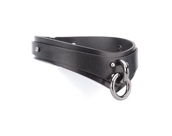 Black Leather Slim Collar, Discreet Day Collar with small o-ring