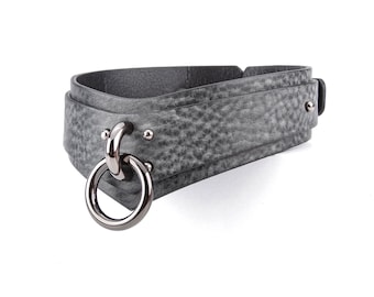 Dark Grey Leather Collar with Chain Leash, Custom Handmade Day Choker