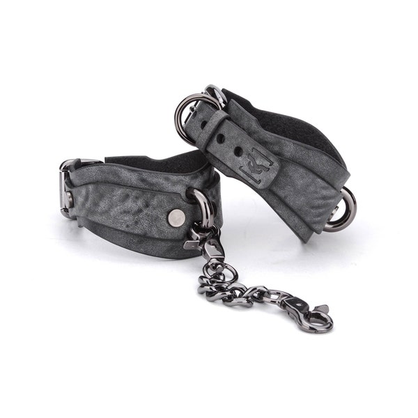 Handmade Leather Restraints cuffs with chain connectors, Dark Grey Leather Custom Handcuffs and Ankle cuffs, Submissive cuffs