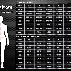 May include: Body measurement chart with inches and centimeters. Includes neck, bust, waist, hip, wrist, thigh, and ankle measurements. Sizes range from XS to XXL. The brand name "dominare" is at the top.