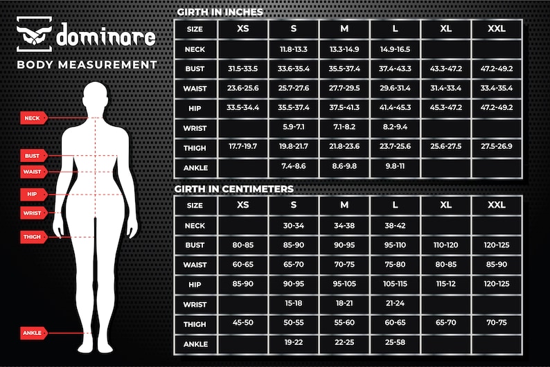 May include: Body measurement chart with inches and centimeters. Includes neck, bust, waist, hip, wrist, thigh, and ankle measurements. Sizes range from XS to XXL. The brand name "dominare" is at the top.