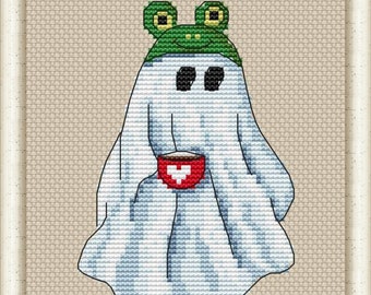 Ghost with a cup. Cross stitch pattern. PDF #1010