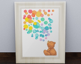 Teddy bear with colorful bubbles. Cross stitch pattern. PDF #46а