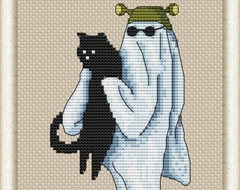 Ghost with cat. Cross stitch pattern. PDF #1011