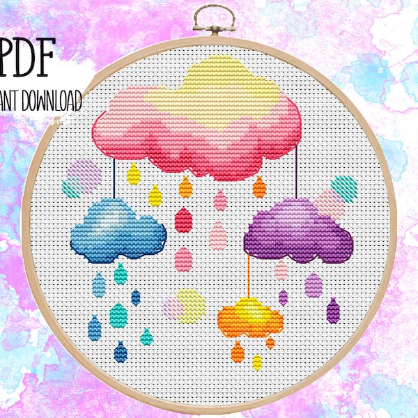 Colorful clouds. Watercolor drops. Cross stitch pattern. PDF #45
