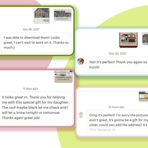May include: Screenshots of four text messages with images of house plans. The messages are about the house plans and the customer's satisfaction with the work.