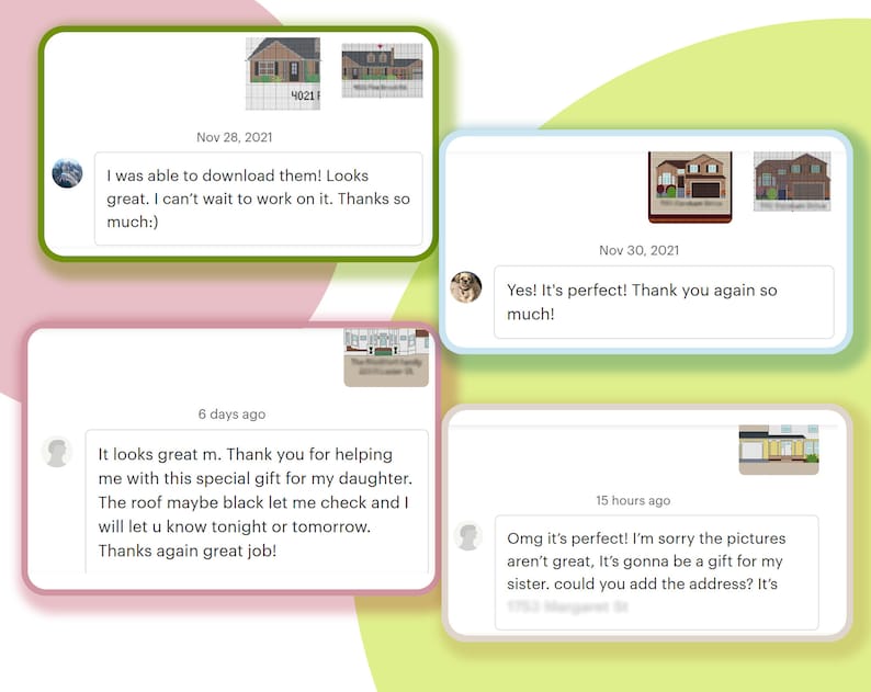 May include: Screenshots of four text messages with images of house plans. The messages are about the house plans and the customer's satisfaction with the work.