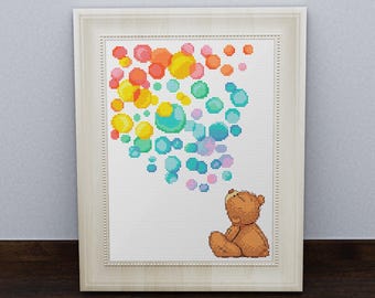 Teddy bear with colorful bubbles. Cross stitch pattern. PDF #46а