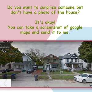 May include: A Google Maps screenshot showing a street with several houses. The houses are all white with green lawns and trees. There is a white car parked in the street.