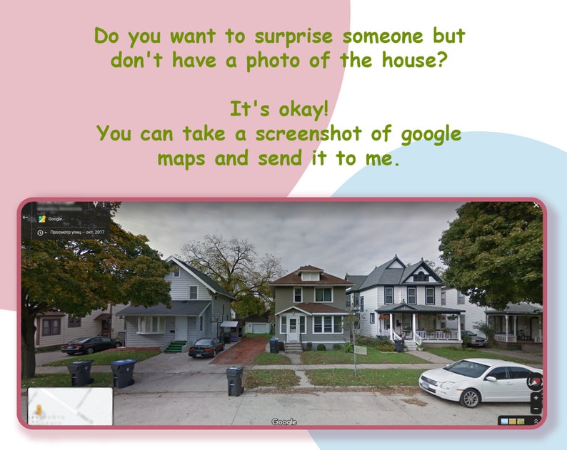 May include: A Google Maps screenshot showing a street with several houses. The houses are all white with green lawns and trees. There is a white car parked in the street.