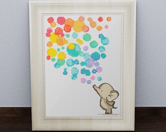 Elephant with colorful bubbles. Cross stitch pattern. PDF #46