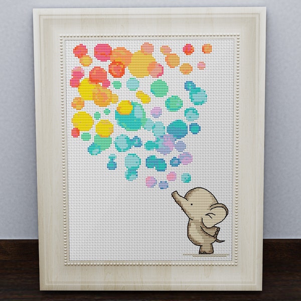 Elephant with colorful bubbles. Cross stitch pattern. PDF #46