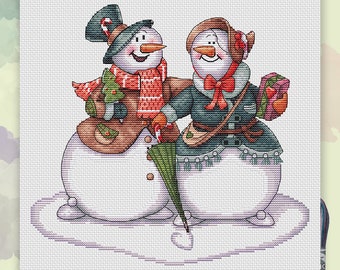 Mr and Mrs Snow on a walk. Cross stitch pattern. PDF #115
