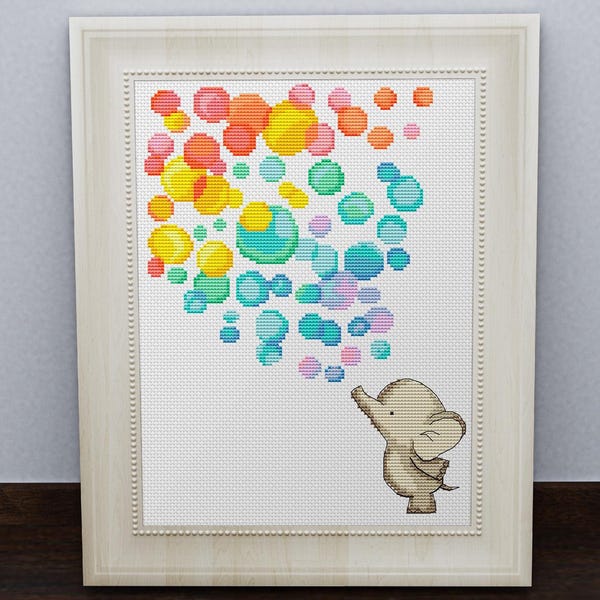 Elephant with colorful bubbles. Cross stitch pattern. PDF #46