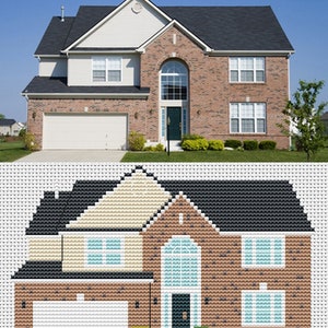 May include: Cross-stitch pattern of a brick house with a black roof, a garage door, and a front door. The house has two windows on each side and a large arched window at the front.