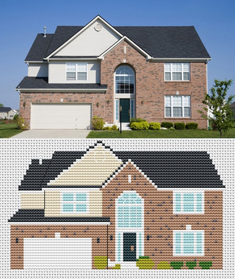 May include: Cross-stitch pattern of a brick house with a black roof, a garage door, and a front door. The house has two windows on each side and a large arched window at the front.
