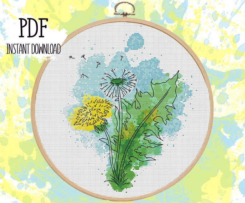 Cross Stitch Pattern. Watercolor Flower. Dandelion. Abstract Etsy